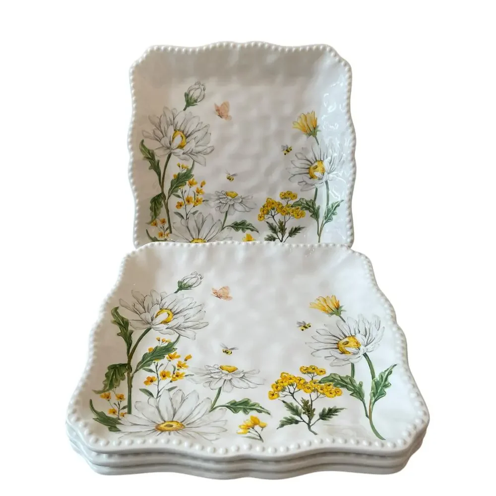 MAXCERA Spring Easter Bee Butterfly Daisy Square Dinner Plates Set of 4 New